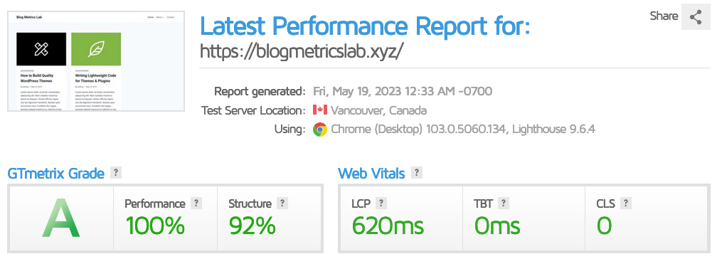 Kadence WP GTMetrix speed test