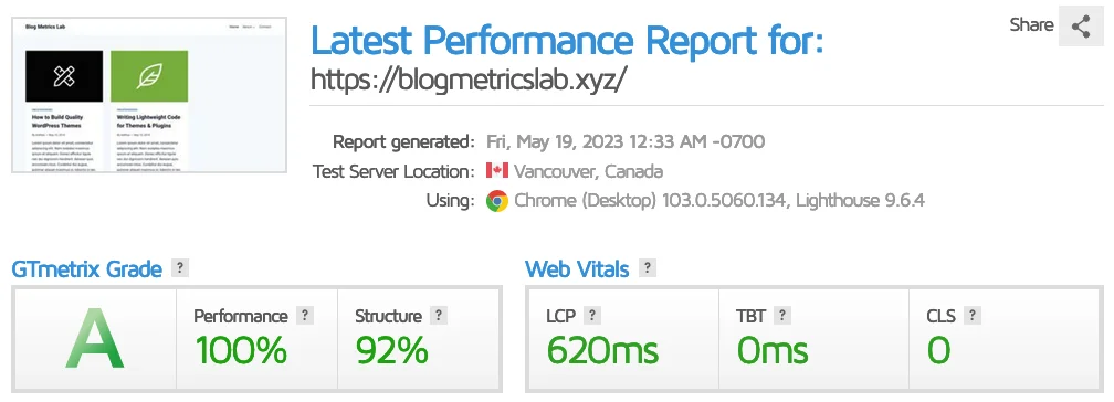 Kadence WP GTMetrix speed test