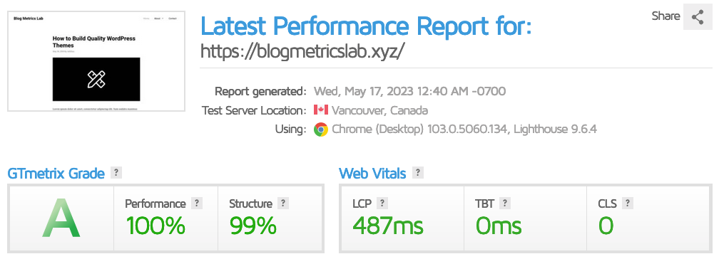 GeneratePress GTMetrix speed test