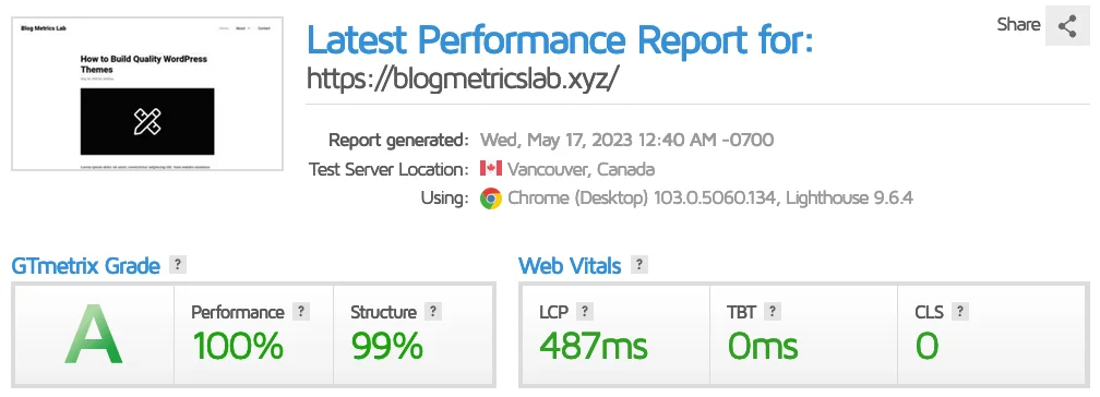 GeneratePress GTMetrix speed test