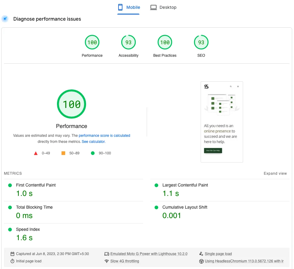 GeneratePress Speed test on PageSpeed Insights
