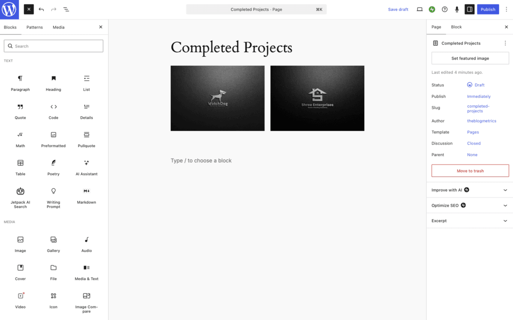 Adding pages with block editor