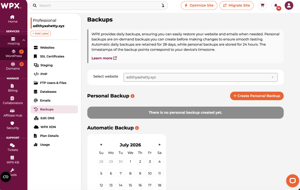 WPX backups