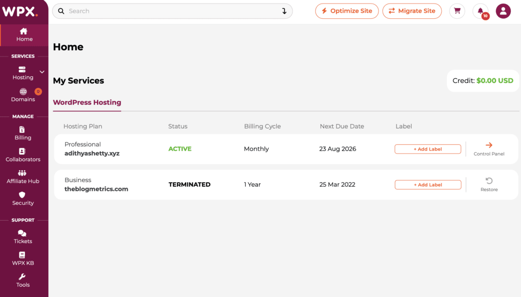 WPX dashboard