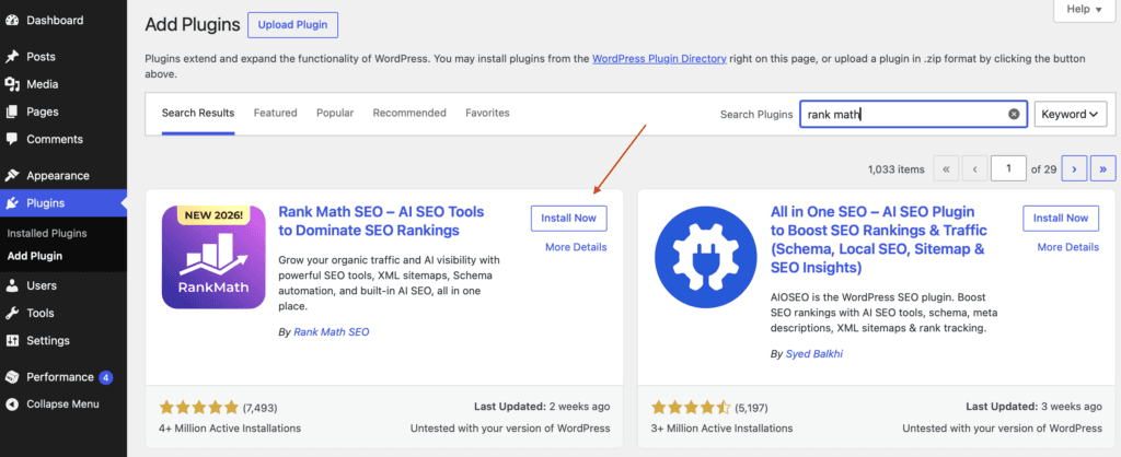Installing the Rank Math SEO plugin
