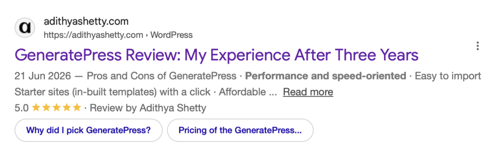 Example of rich snippets in search results