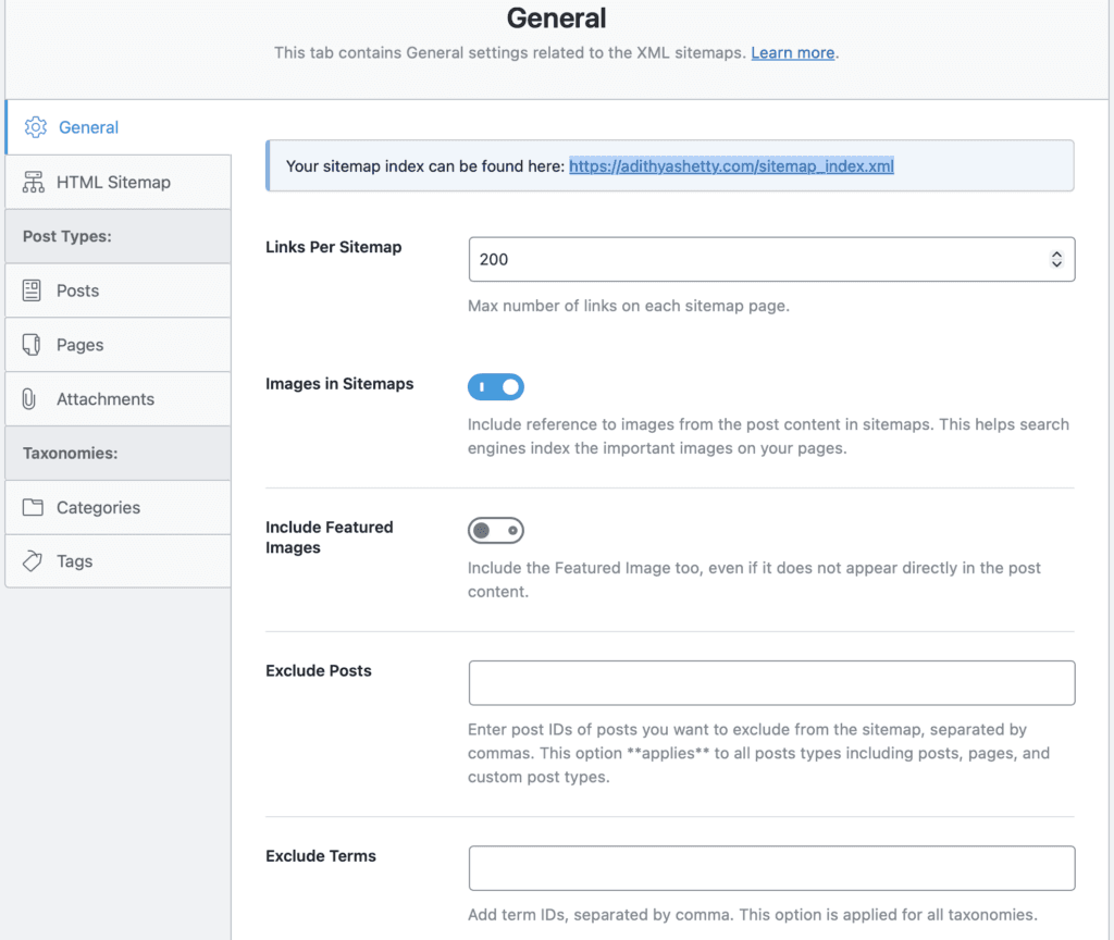 Sitemap settings